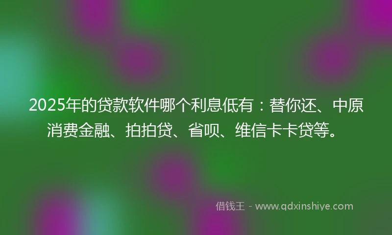 2025年的贷款软件哪个利息低有：替你还、中原消费金融、拍拍贷、省呗、维信卡卡贷等。