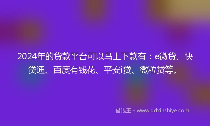 2024年的贷款平台可以马上下款有：e微贷、快贷通、百度有钱花、平安i贷、微粒贷等。