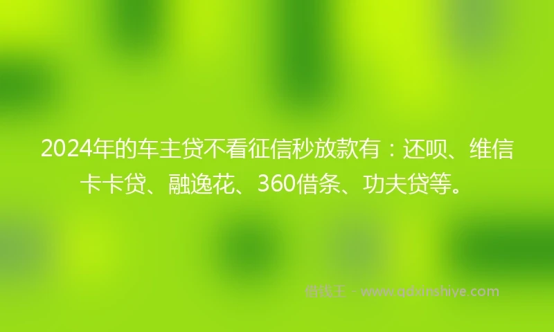 2024年的车主贷不看征信秒放款有：还呗、维信卡卡贷、融逸花、360借条、功夫贷等。