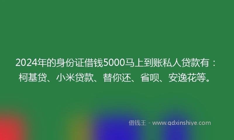 2024年的身份证借钱5000马上到账私人贷款有：柯基贷、小米贷款、替你还、省呗、安逸花等。