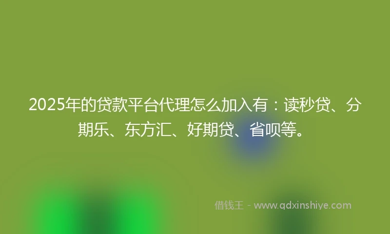 2025年的贷款平台代理怎么加入有：读秒贷、分期乐、东方汇、好期贷、省呗等。