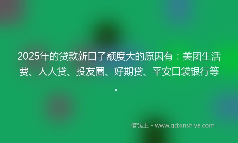 2025年的贷款新口子额度大的原因有：美团生活费、人人贷、投友圈、好期贷、平安口袋银行等。