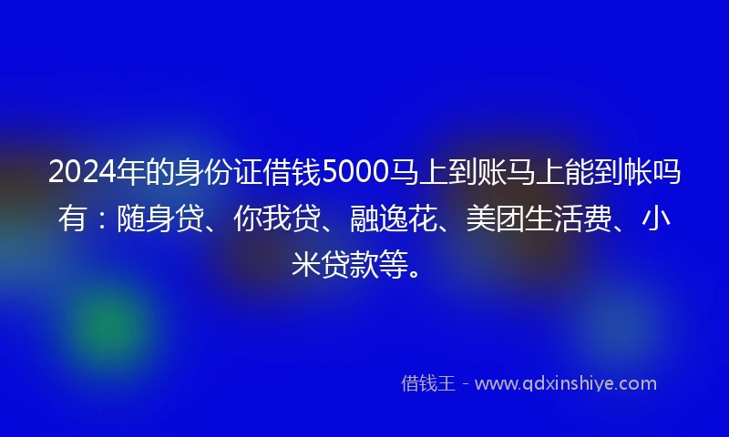 2024年的身份证借钱5000马上到账马上能到帐吗有：随身贷、你我贷、融逸花、美团生活费、小米贷款等。
