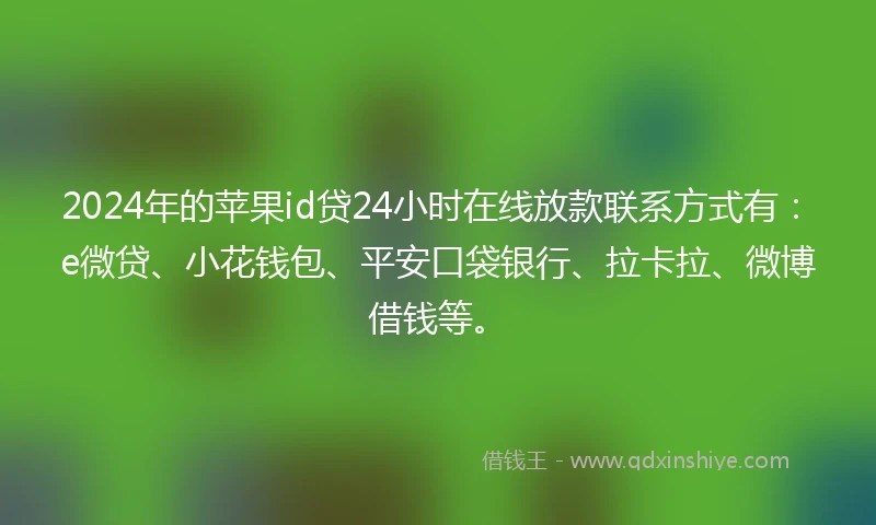 2024年的苹果id贷24小时在线放款联系方式有：e微贷、小花钱包、平安口袋银行、拉卡拉、微博借钱等。