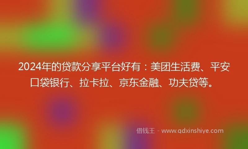 2024年的贷款分享平台好有：美团生活费、平安口袋银行、拉卡拉、京东金融、功夫贷等。