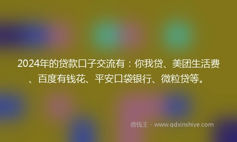 2024年的贷款口子交流有：你我贷、美团生活费、百度有钱花、平安口袋银行、微粒贷等。