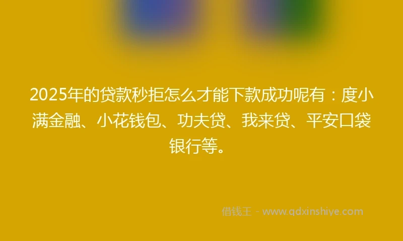 2025年的贷款秒拒怎么才能下款成功呢有：度小满金融、小花钱包、功夫贷、我来贷、平安口袋银行等。