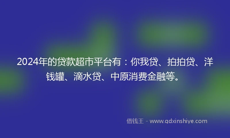 2024年的贷款超市平台有：你我贷、拍拍贷、洋钱罐、滴水贷、中原消费金融等。