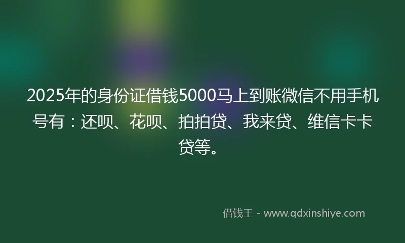2025年的身份证借钱5000马上到账微信不用手机号有：还呗、花呗、拍拍贷、我来贷、维信卡卡贷等。