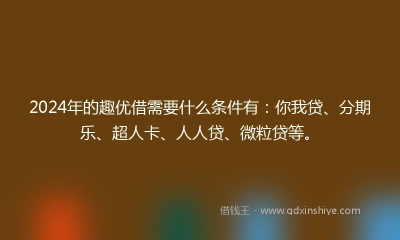 2024年的趣优借需要什么条件有:你我贷、分期乐、超人卡、人人贷、微粒贷等。