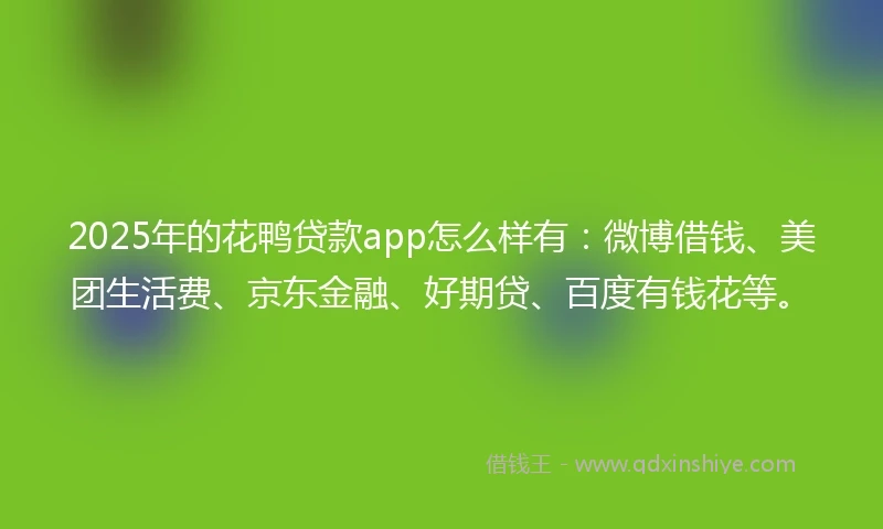 2025年的花鸭贷款app怎么样有：微博借钱、美团生活费、京东金融、好期贷、百度有钱花等。