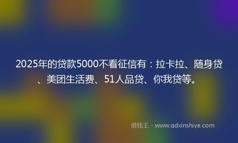 2025年的贷款5000不看征信有：拉卡拉、随身贷、美团生活费、51人品贷、你我贷等。