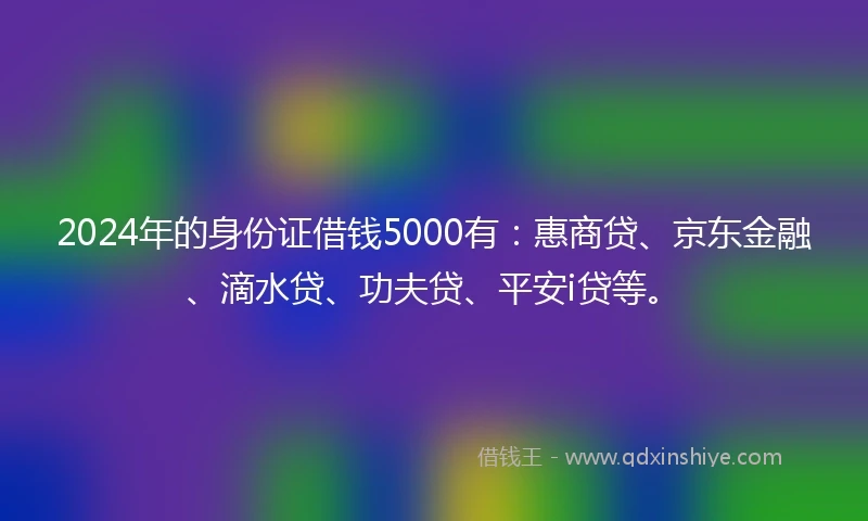 2024年的身份证借钱5000有：惠商贷、京东金融、滴水贷、功夫贷、平安i贷等。