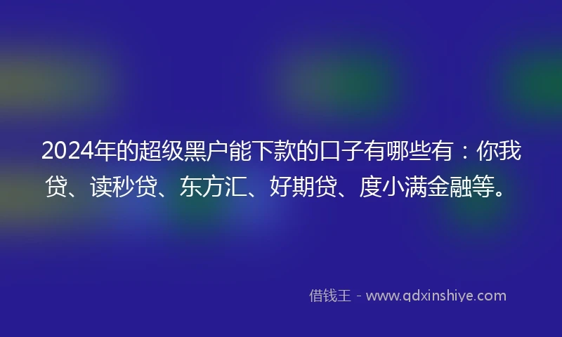 2024年的超级黑户能下款的口子有哪些有:你我贷、读秒贷、东方汇、好期贷、度小满金融等。