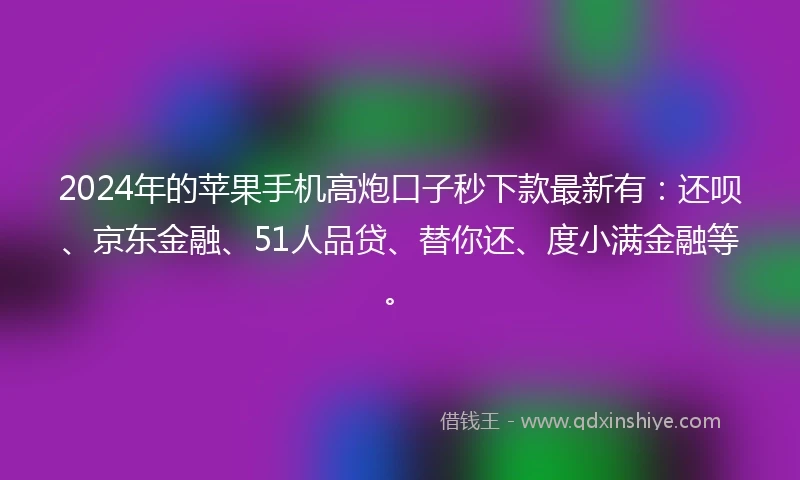 2024年的苹果手机高炮口子秒下款最新有：还呗、京东金融、51人品贷、替你还、度小满金融等。