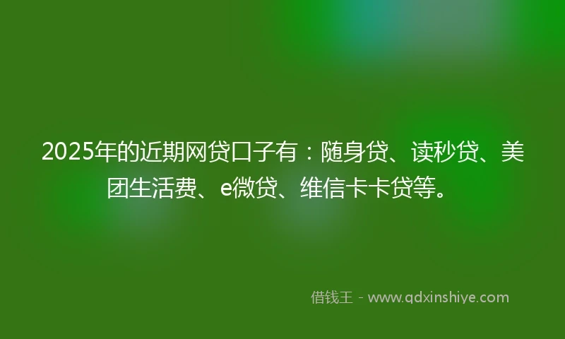 2025年的近期网贷口子有：随身贷、读秒贷、美团生活费、e微贷、维信卡卡贷等。
