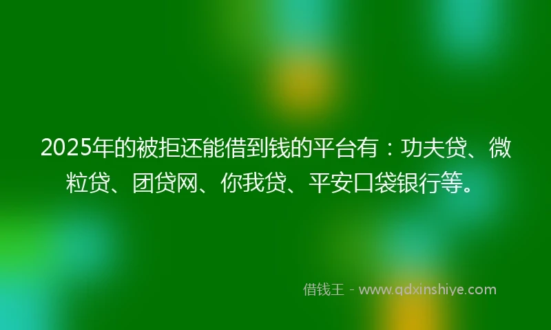 2025年的被拒还能借到钱的平台有：功夫贷、微粒贷、团贷网、你我贷、平安口袋银行等。
