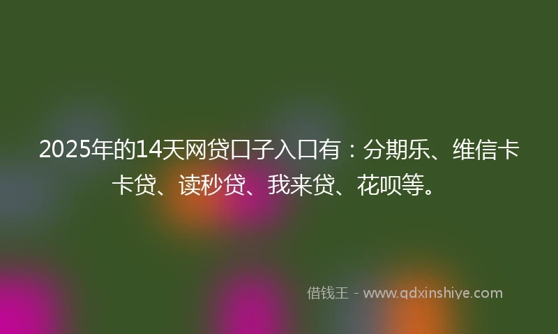 2025年的14天网贷口子入口有：分期乐、维信卡卡贷、读秒贷、我来贷、花呗等。