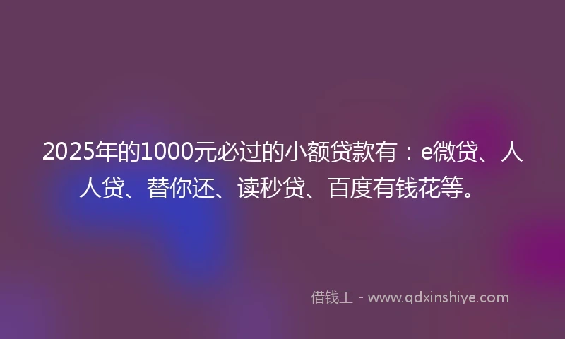 2025年的1000元必过的小额贷款有：e微贷、人人贷、替你还、读秒贷、百度有钱花等。