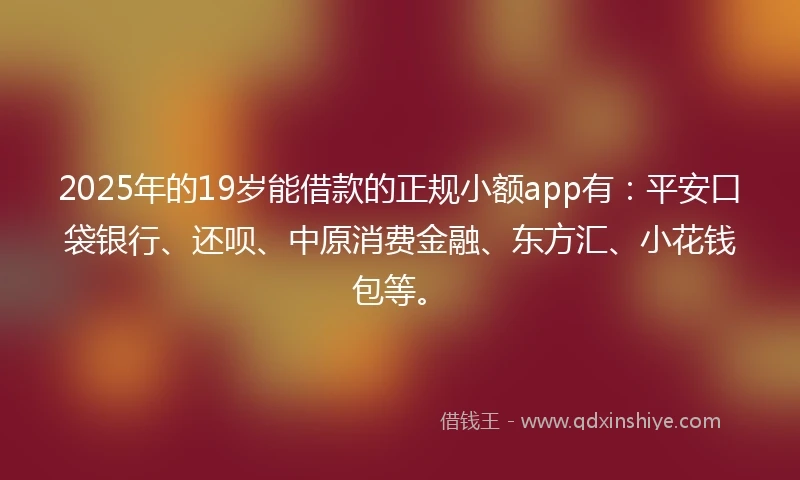 2025年的19岁能借款的正规小额app有：平安口袋银行、还呗、中原消费金融、东方汇、小花钱包等。