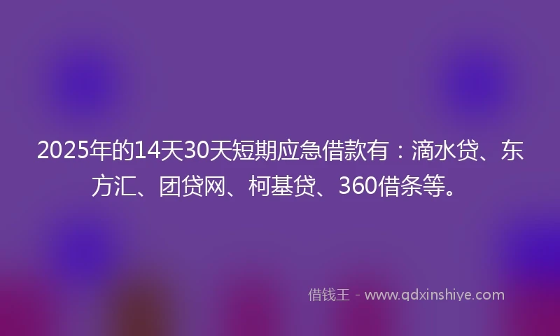 2025年的14天30天短期应急借款有：滴水贷、东方汇、团贷网、柯基贷、360借条等。
