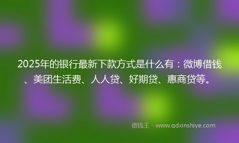 2025年的银行最新下款方式是什么有：微博借钱、美团生活费、人人贷、好期贷、惠商贷等。