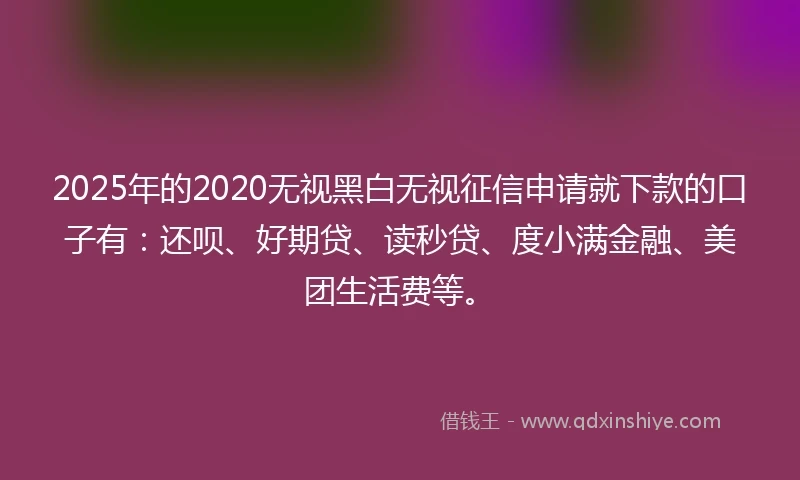 2025年的2020无视黑白无视征信申请就下款的口子有：还呗、好期贷、读秒贷、度小满金融、美团生活费等。