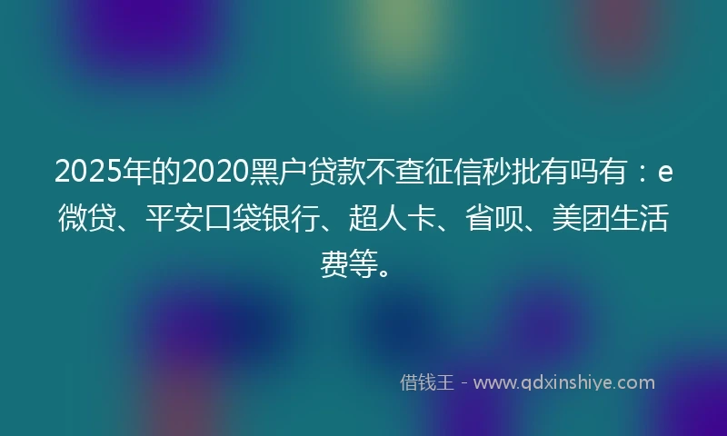 2025年的2020黑户贷款不查征信秒批有吗有：e微贷、平安口袋银行、超人卡、省呗、美团生活费等。