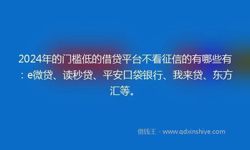2024年的门槛低的借贷平台不看征信的有哪些有：e微贷、读秒贷、平安口袋银行、我来贷、东方汇等。