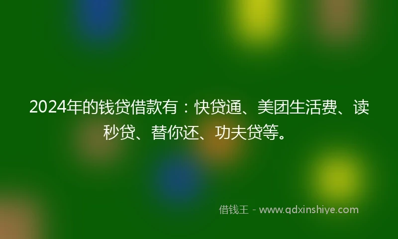 2024年的钱贷借款有：快贷通、美团生活费、读秒贷、替你还、功夫贷等。