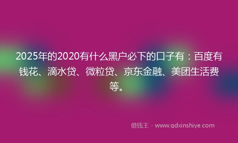 2025年的2020有什么黑户必下的口子有：百度有钱花、滴水贷、微粒贷、京东金融、美团生活费等。