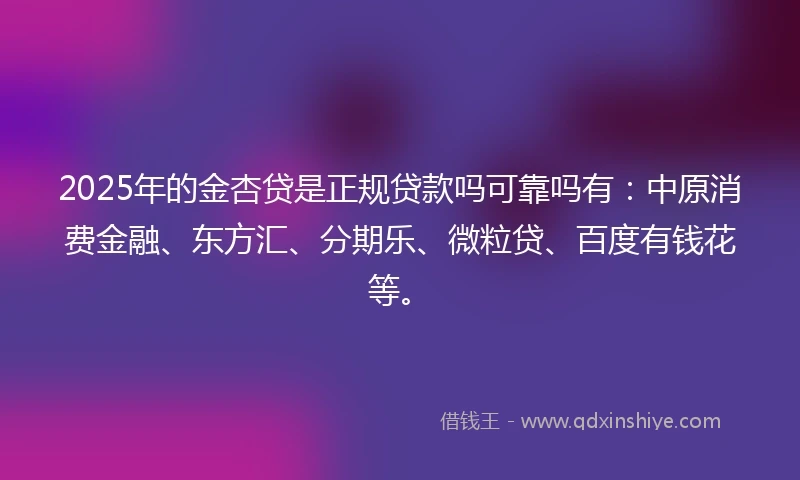 2025年的金杏贷是正规贷款吗可靠吗有：中原消费金融、东方汇、分期乐、微粒贷、百度有钱花等。