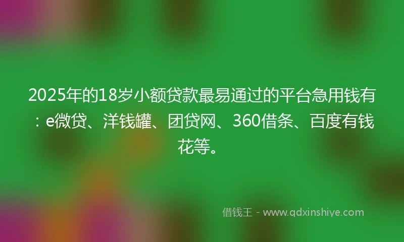 2025年的18岁小额贷款最易通过的平台急用钱有：e微贷、洋钱罐、团贷网、360借条、百度有钱花等。