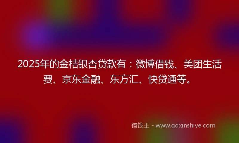 2025年的金桔银杏贷款有：微博借钱、美团生活费、京东金融、东方汇、快贷通等。