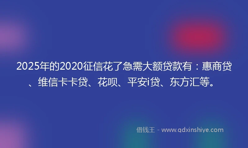 2025年的2020征信花了急需大额贷款有：惠商贷、维信卡卡贷、花呗、平安i贷、东方汇等。