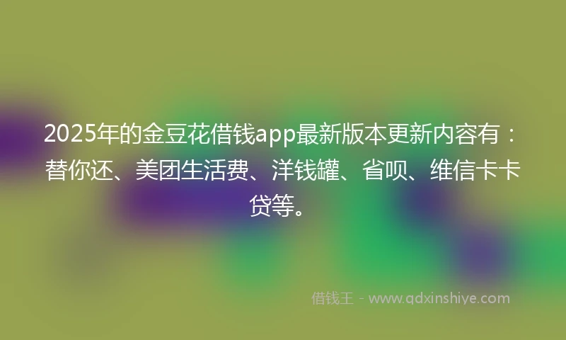 2025年的金豆花借钱app最新版本更新内容有：替你还、美团生活费、洋钱罐、省呗、维信卡卡贷等。