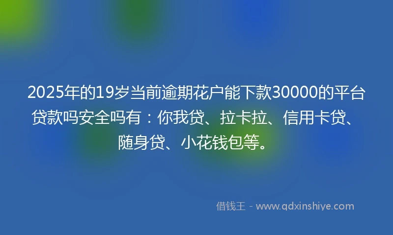 2025年的19岁当前逾期花户能下款30000的平台贷款吗安全吗有：你我贷、拉卡拉、信用卡贷、随身贷、小花钱包等。