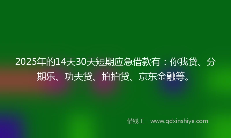 2025年的14天30天短期应急借款有：你我贷、分期乐、功夫贷、拍拍贷、京东金融等。