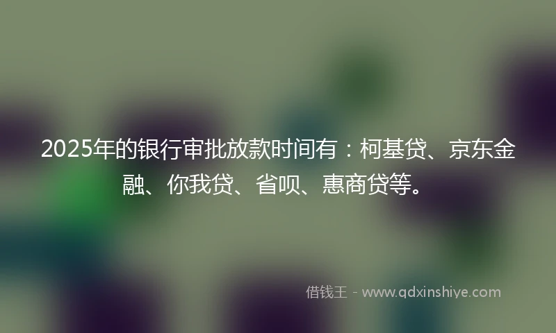 2025年的银行审批放款时间有：柯基贷、京东金融、你我贷、省呗、惠商贷等。