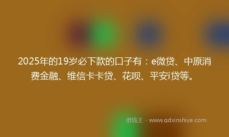 2025年的19岁必下款的口子有：e微贷、中原消费金融、维信卡卡贷、花呗、平安i贷等。