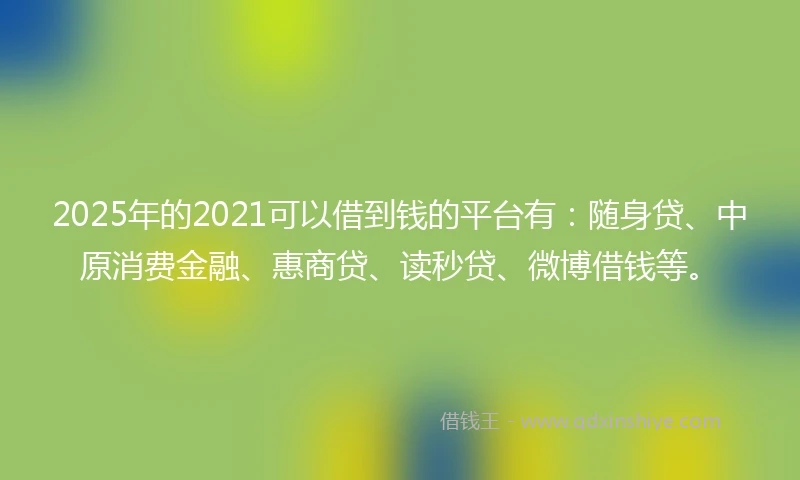 2025年的2021可以借到钱的平台有：随身贷、中原消费金融、惠商贷、读秒贷、微博借钱等。
