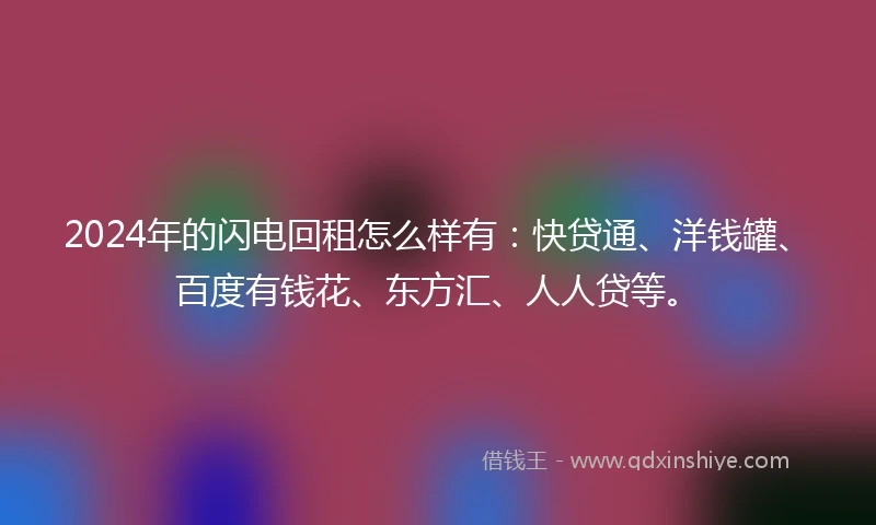 2024年的闪电回租怎么样有：快贷通、洋钱罐、百度有钱花、东方汇、人人贷等。