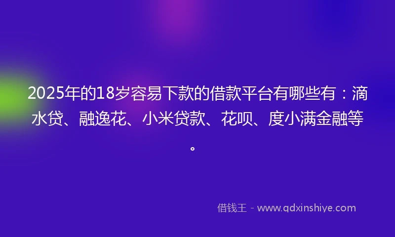 2025年的18岁容易下款的借款平台有哪些有：滴水贷、融逸花、小米贷款、花呗、度小满金融等。