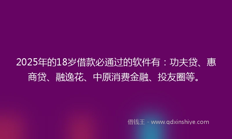 2025年的18岁借款必通过的软件有：功夫贷、惠商贷、融逸花、中原消费金融、投友圈等。