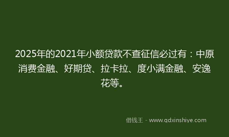 2025年的2021年小额贷款不查征信必过有：中原消费金融、好期贷、拉卡拉、度小满金融、安逸花等。