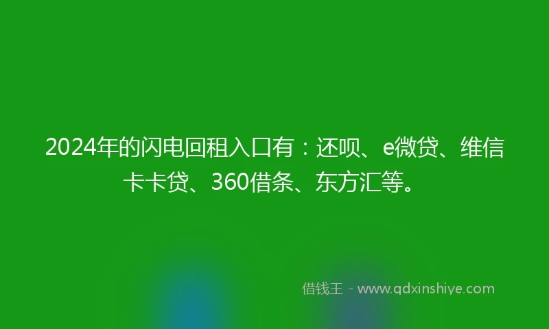 2024年的闪电回租入口有：还呗、e微贷、维信卡卡贷、360借条、东方汇等。