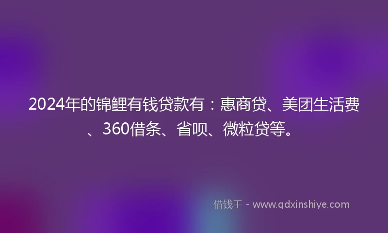 2024年的锦鲤有钱贷款有：惠商贷、美团生活费、360借条、省呗、微粒贷等。