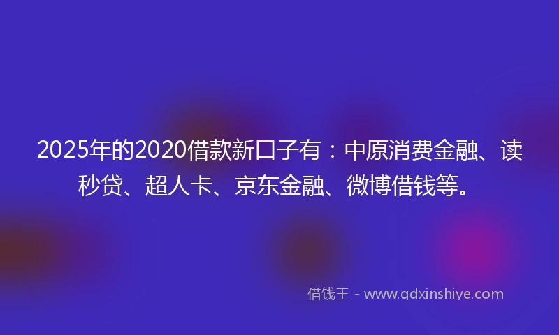 2025年的2020借款新口子有：中原消费金融、读秒贷、超人卡、京东金融、微博借钱等。