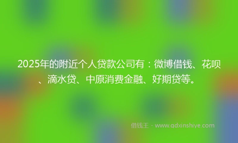 2025年的附近个人贷款公司有：微博借钱、花呗、滴水贷、中原消费金融、好期贷等。