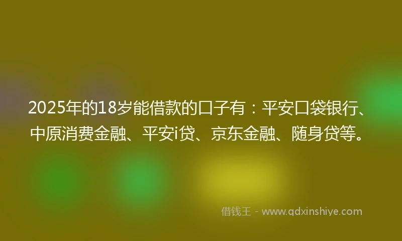 2025年的18岁能借款的口子有：平安口袋银行、中原消费金融、平安i贷、京东金融、随身贷等。